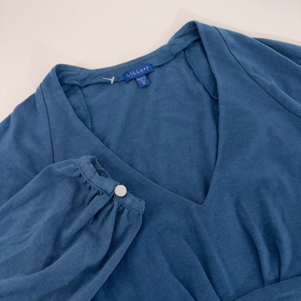 Lilla P‎ Blue Pima Cotton V-Neck Empire Waist Tie Back Midi Dress Womens Size M